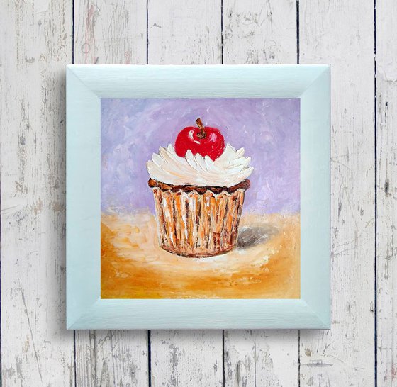 Cherry Cupcake Painting Original Art Dessert Artwork Small Food Wall Art 8 by 8