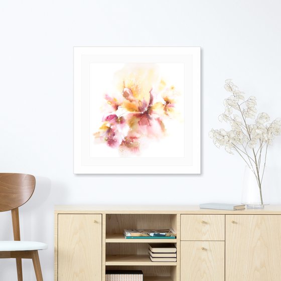 Yellow abstract flowers watercolor painting "Sunny day"