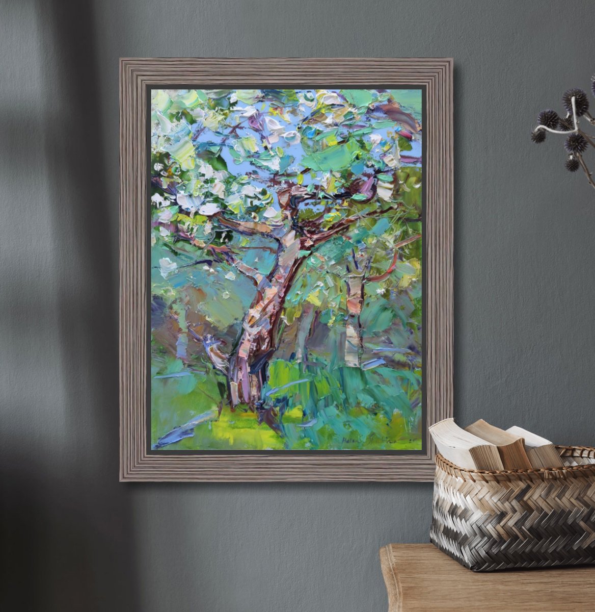 Expressive Landscape Oil Painting By Helen Shukina, 12 X 16, Apple Tree Blossom, Original Artwork