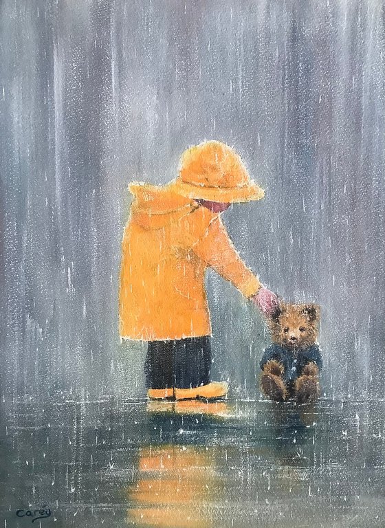 Rainy day, Teddy in the rain.