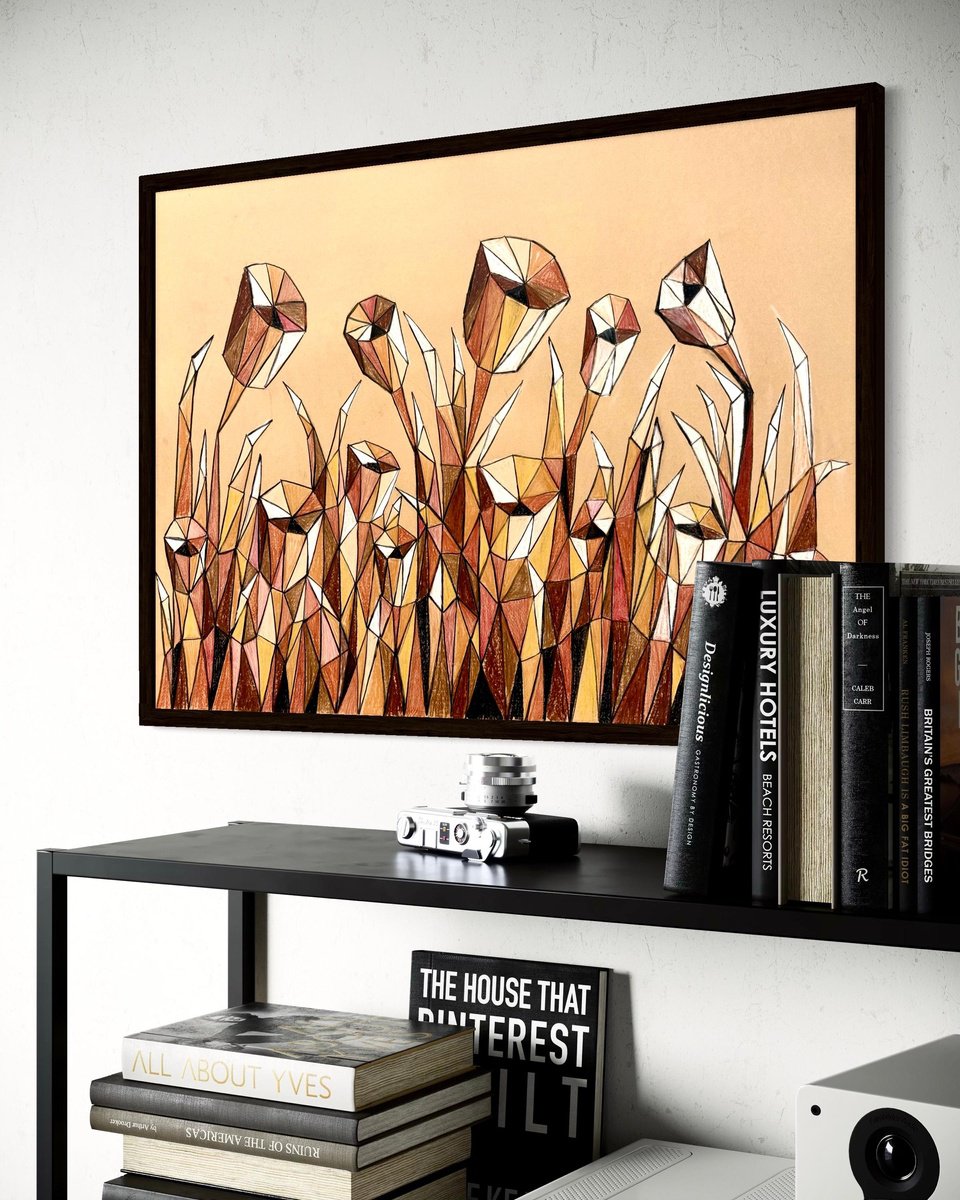 Geometric Botanical Pastel Drawing By Maria Tuzhilkina, 27 X 19", Terracotta Autumn Field, Original Artwork