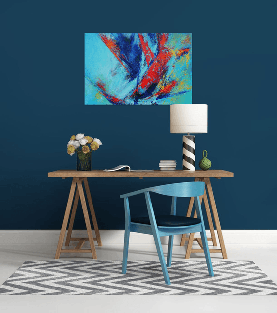 Large Abstract Blue Teal Red Landscape Painting. Modern Textured Art. Abstract. 61x91cm.