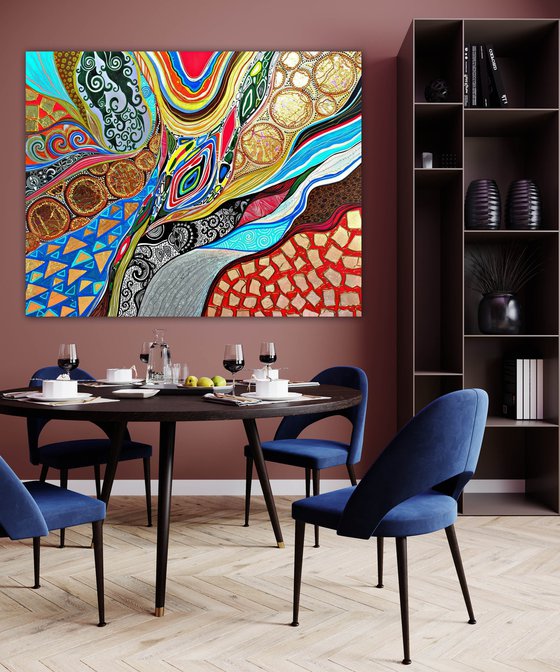 Large abstract painting - Blue gold red wall art