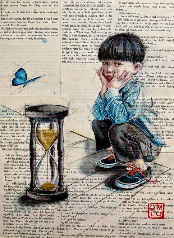Time, painting on bookpages of “The little prince”