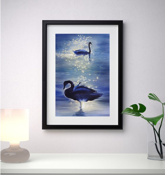 Two Swans - Swan Lake - Swan watercolor -  couple of swans