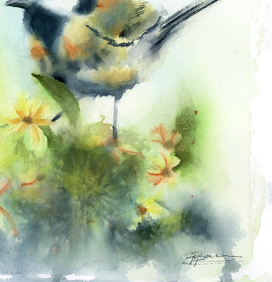 Great tit with flowers