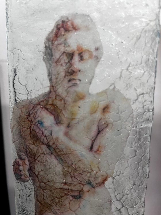 Man, walking : Silk on glass art
