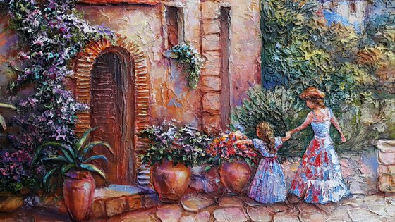 Painting " Walk in the old town ", old city scene, extra large landscape