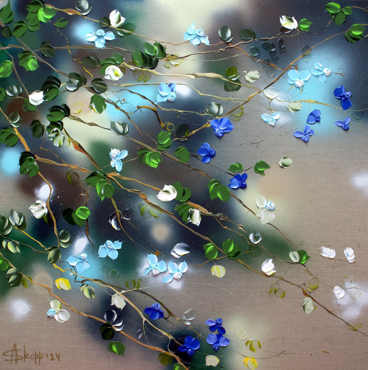 Expressive Botanical Acrylic Painting By Anastassia Skopp, 31 X 31, Ikebana, Original Artwork