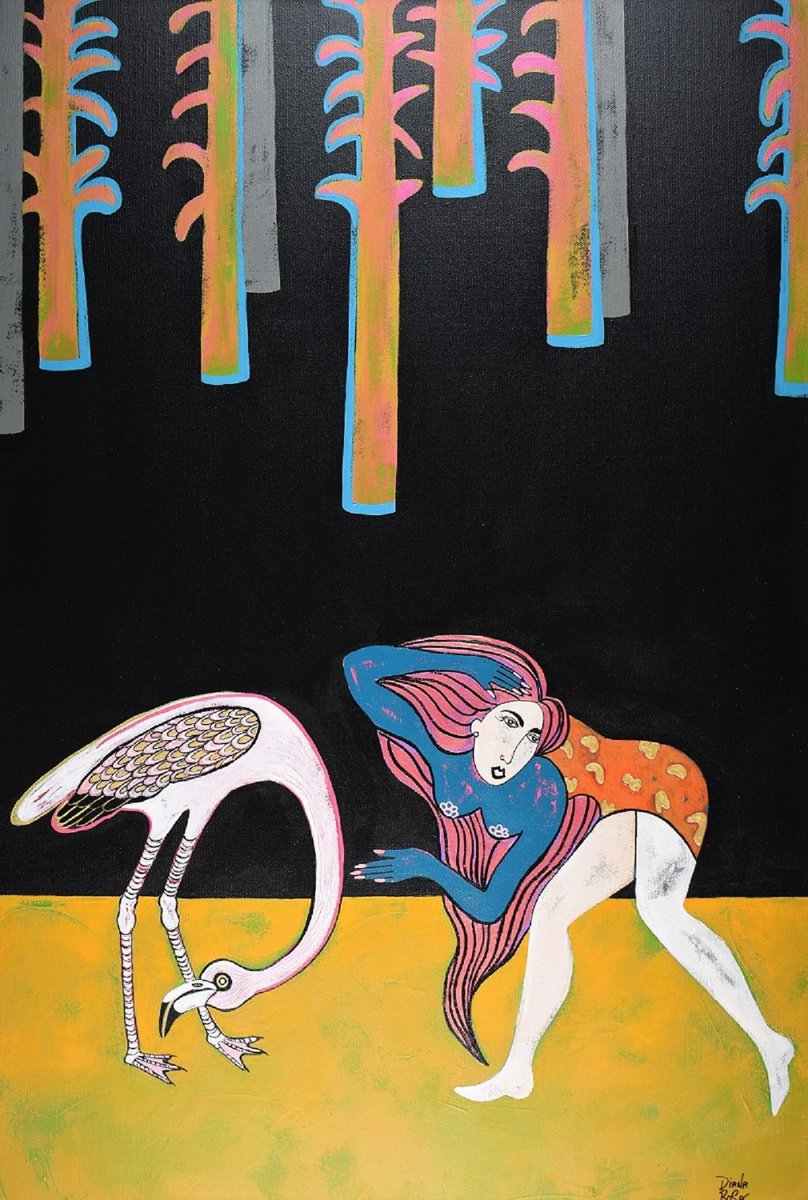 Surrealistic Portrait Acrylic Painting By Diana Rosa, 24 X 36, Flamingo Dance, Original Artwork