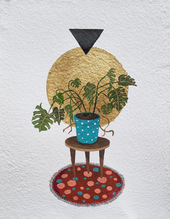 Plants lover's interior - original painting with gold potal on handmade paper