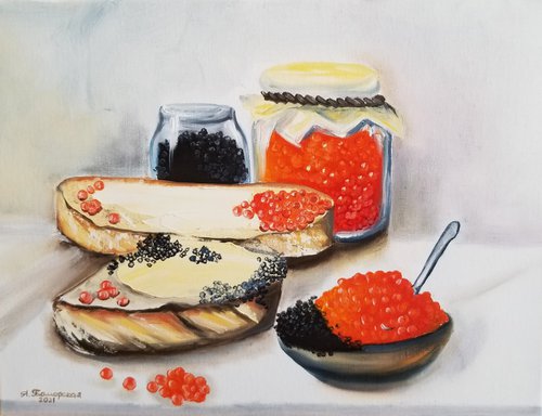 Still Life with Red and Black Caviar. Original Oil Painting. Interior painting with traditional Russian treat. by Alexandra Tomorskaya/Caramel Art Gallery