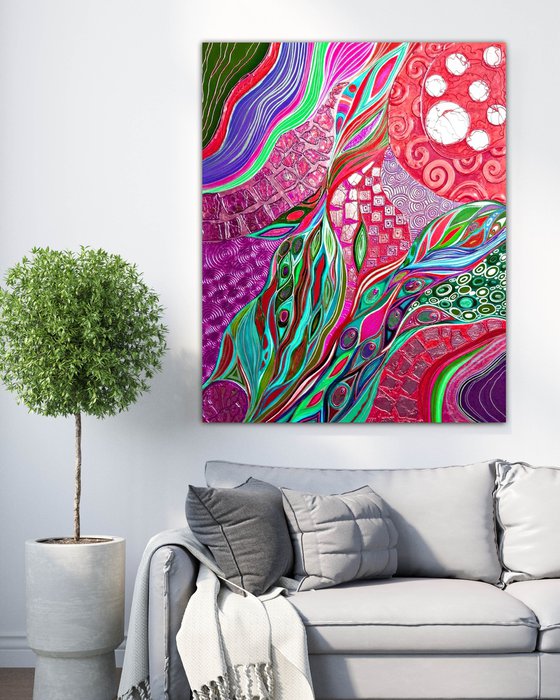 Viva Magenta Love - Large red green lilac abstract painting 100x80 cm