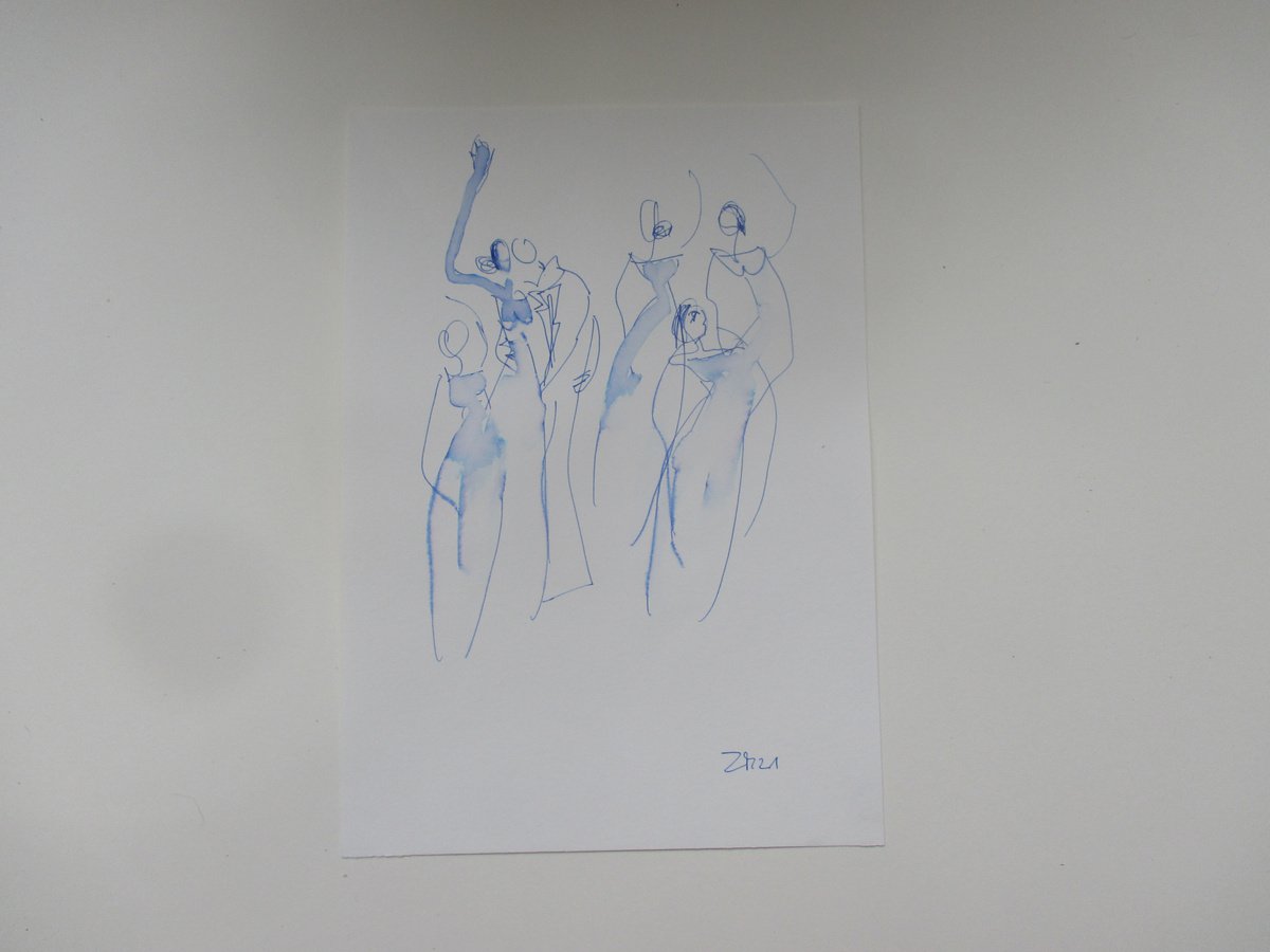 dancing girls in blue 8,2 x 11,4 inch unique mixedmedia drawing by Sonja Zeltner-Muller