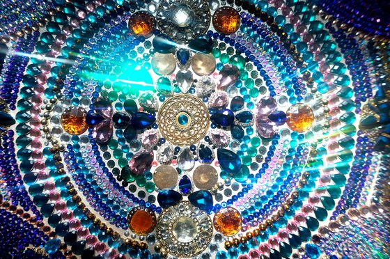 SPACE - decorative wall sculpture of rhinestones, mirrors, crystals. Turquoise blue abstract painting