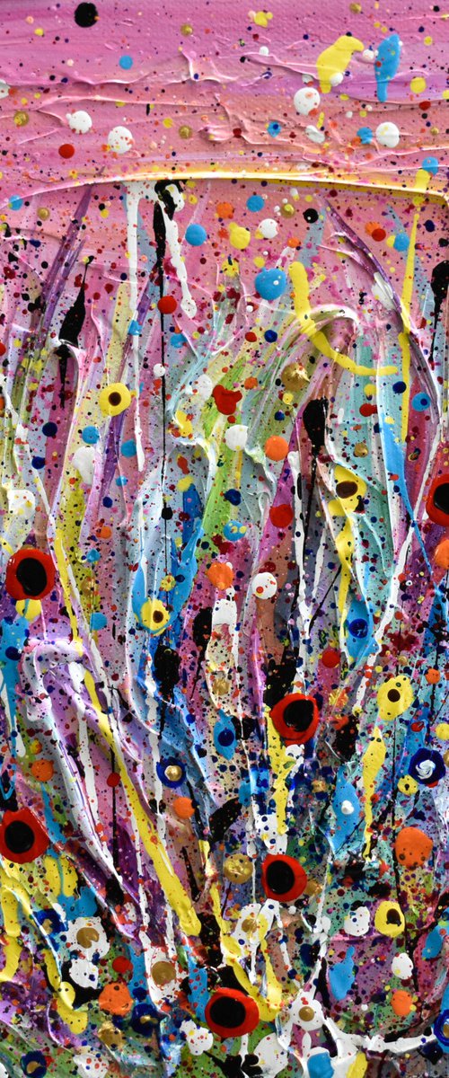 Pink Flowers Meadow - Abstract Floral Landscape, Textured Painting by Olga Tkachyk