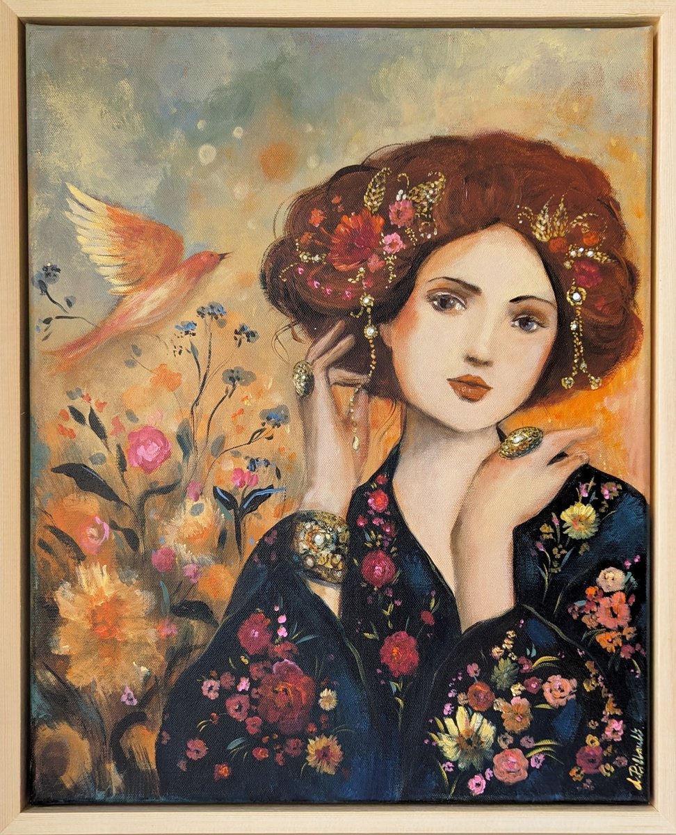 Illustrative Portrait Acrylic Painting By Loetitia Pillault, 17 X 21", La Charmeuse, Original Artwork