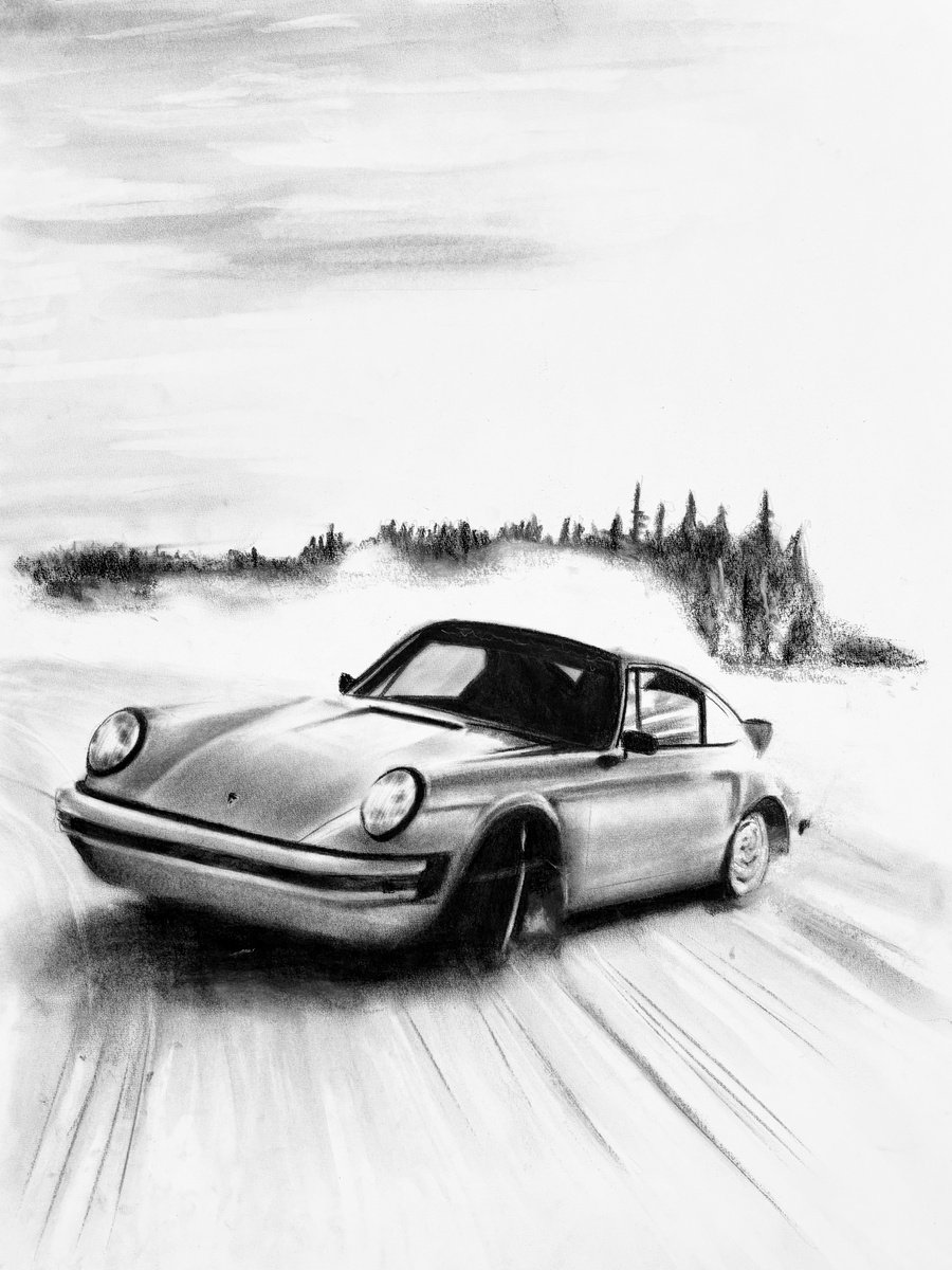 Photorealistic Transport Charcoal Drawing By Denny Stoekenbroek, 20 X 26, Frozen Curves, Original Artwork