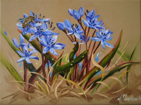 Vibrant Blue Flowers, Spring Flowers and Bee, Realistic Nature Scenery