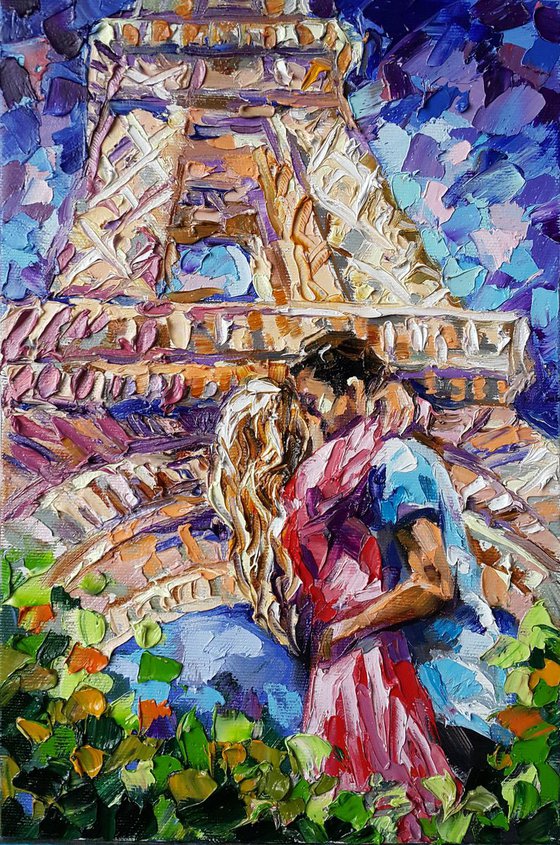 Painting Love in Paris - small original gift in frame, impasto, oil