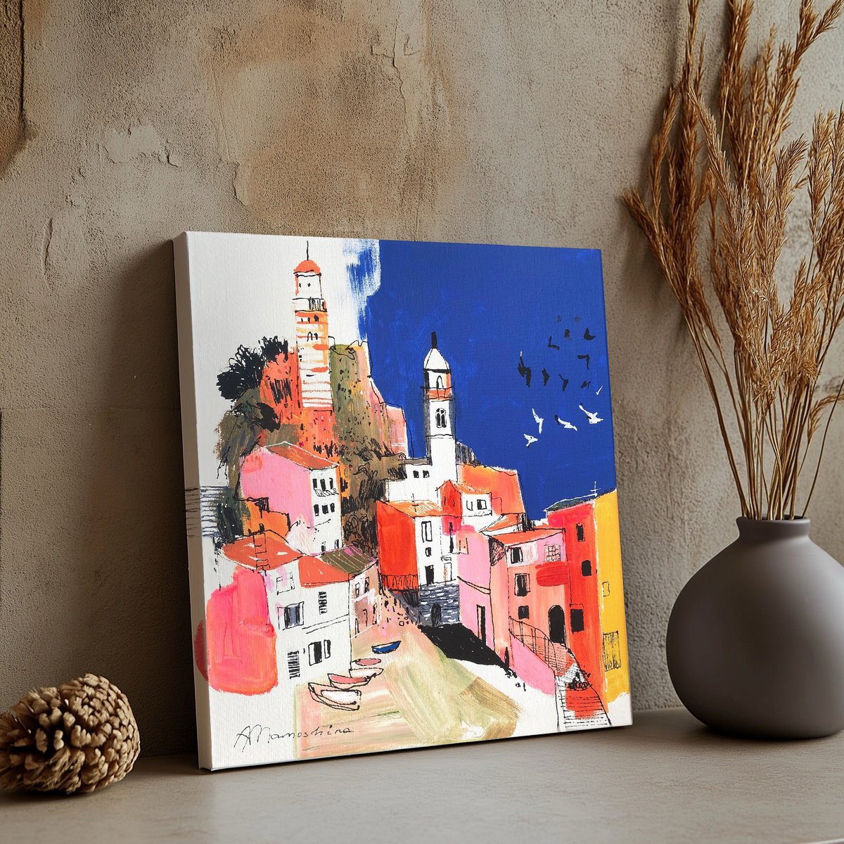 Impressionistic Landscape Acrylic Painting By Anastasia Mamoshina, 12 X 12, Sunlit Italian Dream, Original Artwork