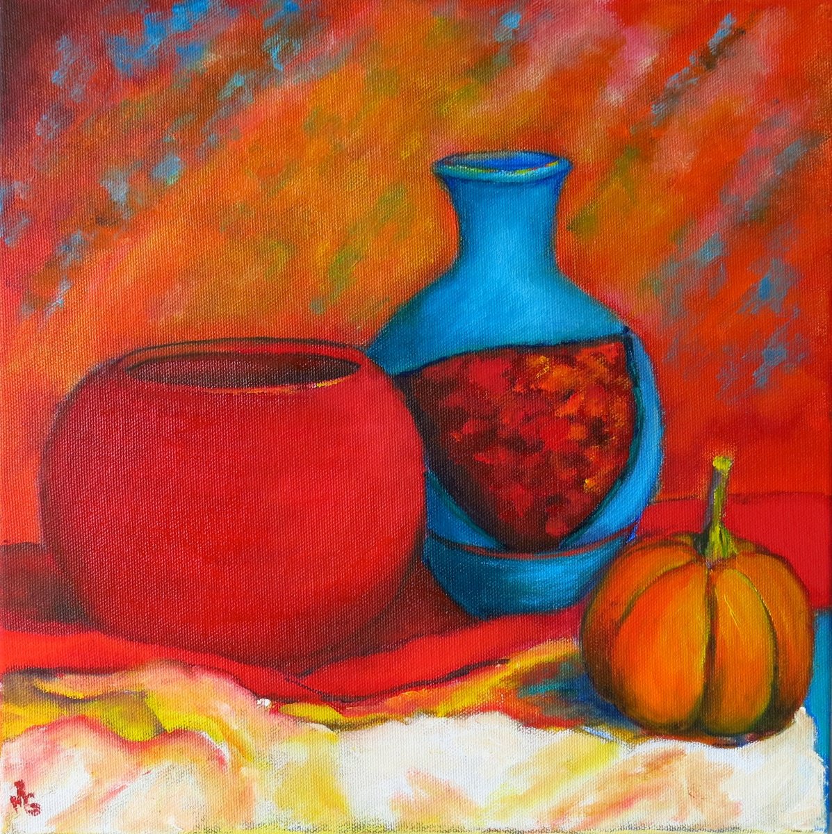 Impressionistic Still Life Oil Painting By Maureen Greenwood, 12 X 12", The Red Bowl, Original Artwork