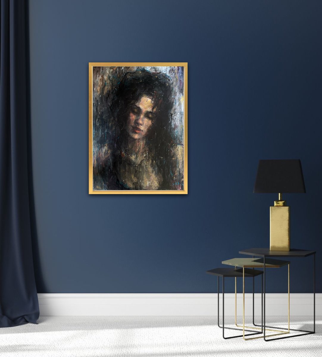 Expressive Portrait Acrylic Painting By Liubou Sas, 28 X 35", Music In My Heart, Original Artwork