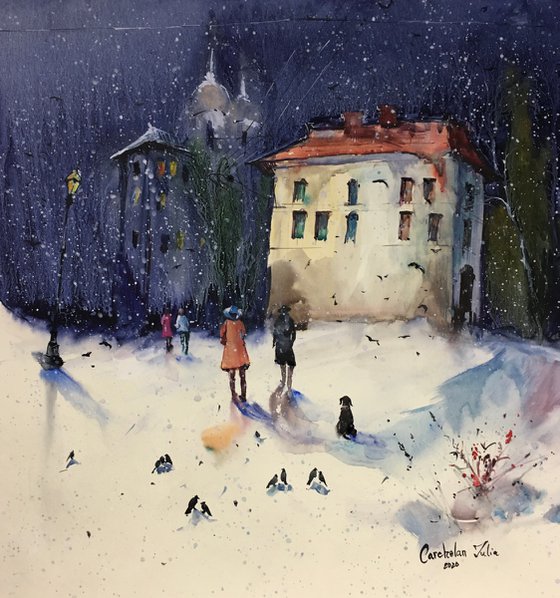 Watercolor “Beautiful Winter Evening”