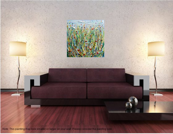 Poppy Meadow - Wildflower field Painting, Textured Wall Art