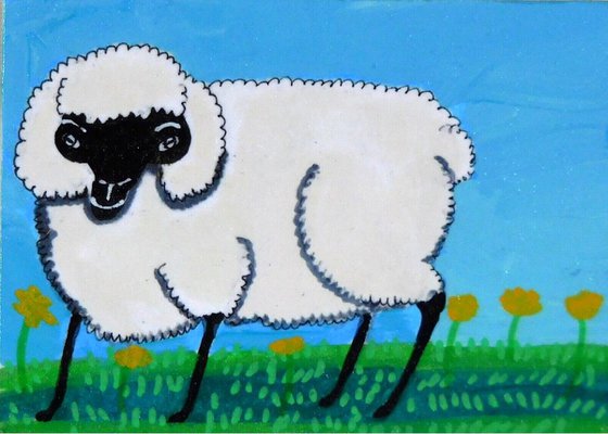 Cheerful Sheep - ACEO original painting 2.5 x 3.5 inches