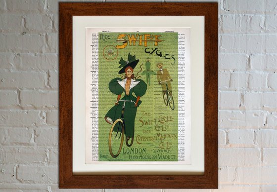 Ride Swift Cycles - Collage Art Print on Large Real English Dictionary Vintage Book Page