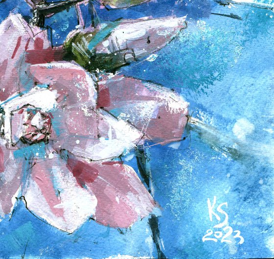 Textured abstract mixed media artwork "Blossoming Magnolia Branches"