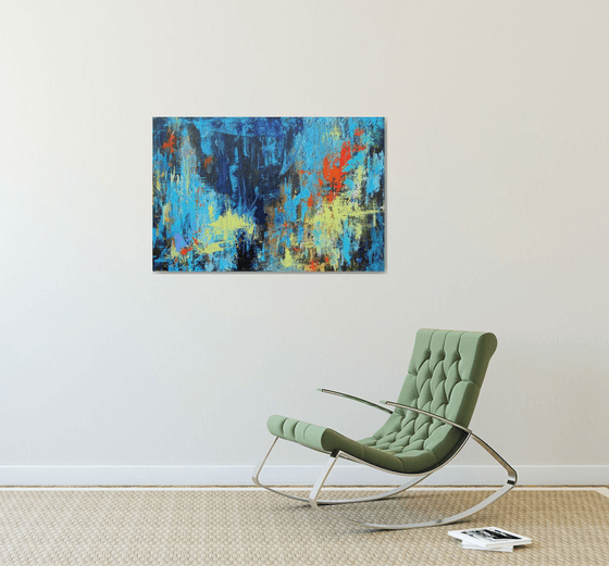 Large Abstract Landscape Painting. Blue, Red, Teal, Brown. Modern Textured Art