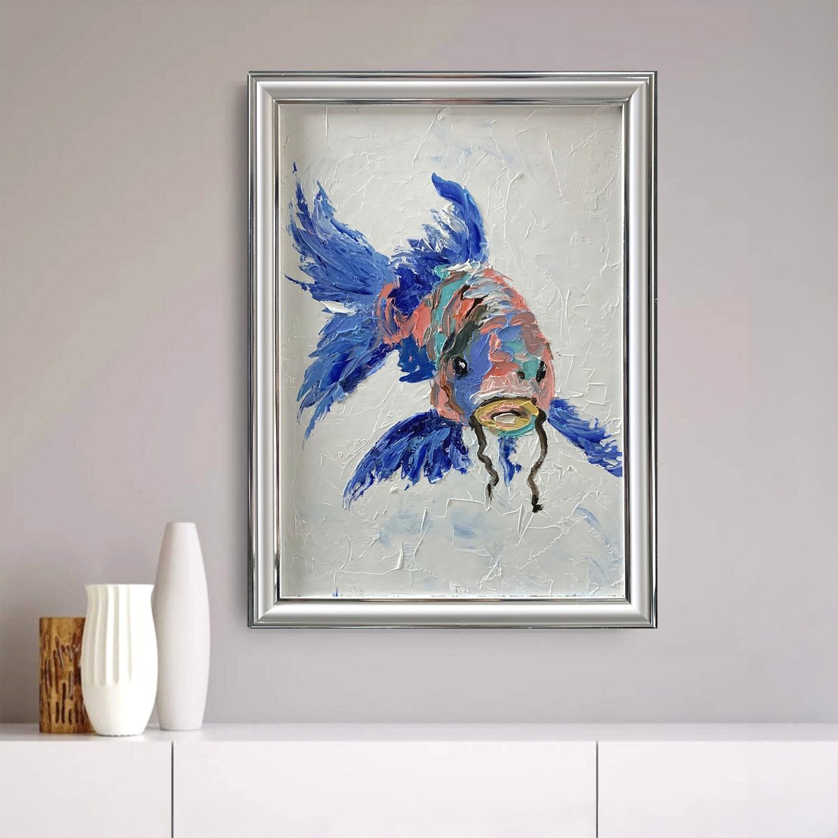 Impressionistic Animal Oil Painting By Vita Schagen, 9 X 13", Blue Whimsical Koi Fish., Original Artwork