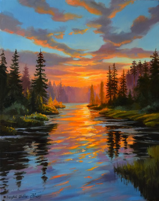 The sunset in the forest