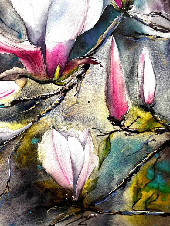 Magnolia Spring Flowers Watercolour Painting