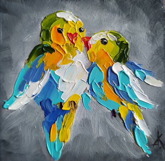 Birds love - love, birds, animals oil painting, art bird, Impressionism, palette knife, gift.