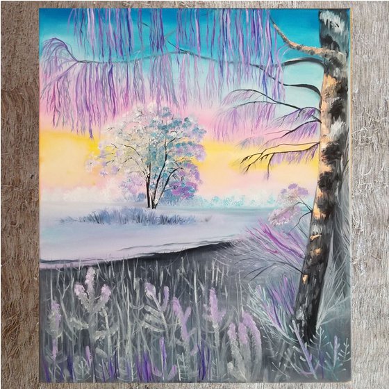 Winter Sunset. Original Oil Painting on Canvas. Valentines Day Gift. Perfect Gift. Wall Decoration. Home Decor. Impressionist Art. Wall Art. Wall Decor. Gift for Couple. 20" x 24". 50,8 x 60,9 cm. 2019.