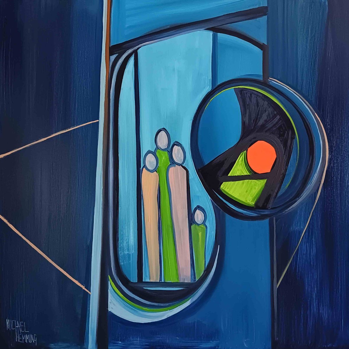 Abstract Portrait Oil Painting By Michael Hemming, 25 X 25", The Space Age Aquarium, Original Artwork