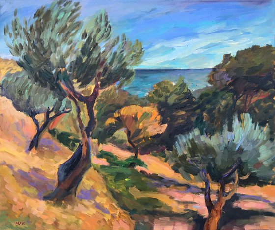 ITALY. GARGANO. OLIVE TREES - original  oil on canvas olive trees Italian landscape sky sea gift home decor