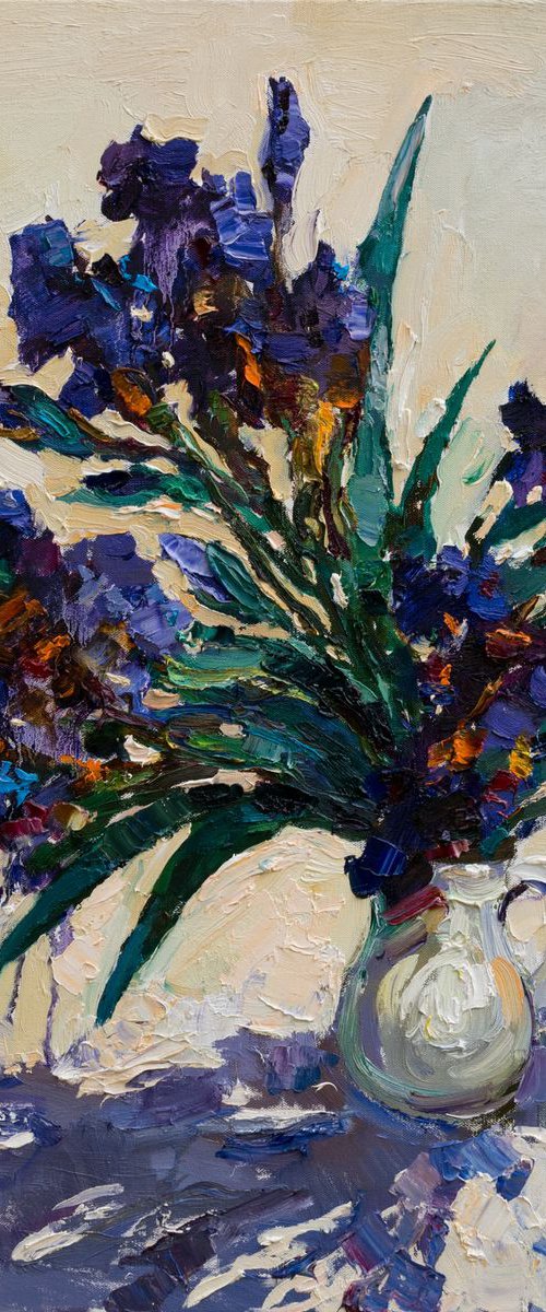 Irises still life painting 80 x 80 cm Original oil painting by Anastasiia Valiulina