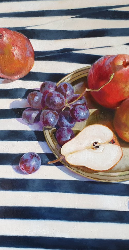 "Pears and grapes on a striped tablecloth."  still life summer grape pear white liGHt original painting  GIFT (2019) by Anna Bessonova (Kotelnik)