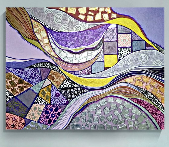 Colorful large abstract painting. Purple lilac silver gold Oriental wall art