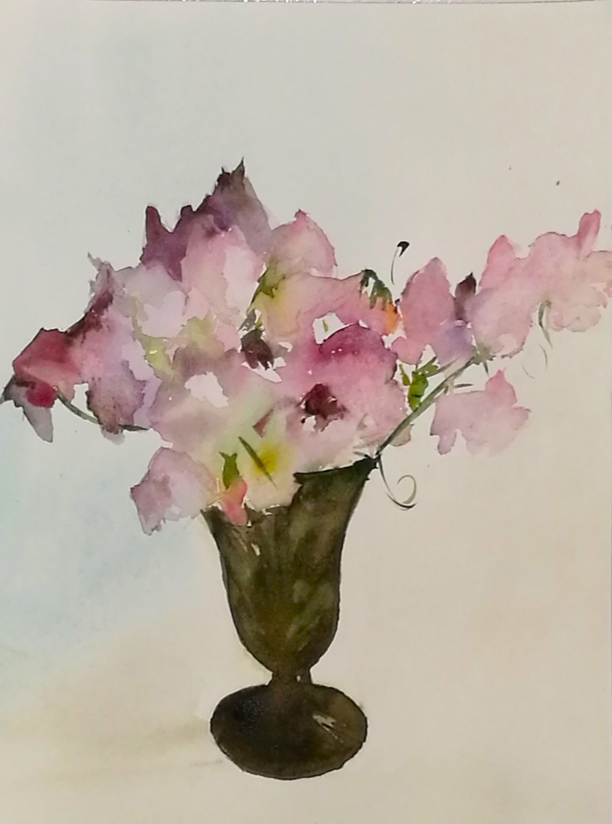 Impressionistic Botanical Watercolour By Daniela Roughsedge, 10 X 14, Sweet Peas, Original Artwork