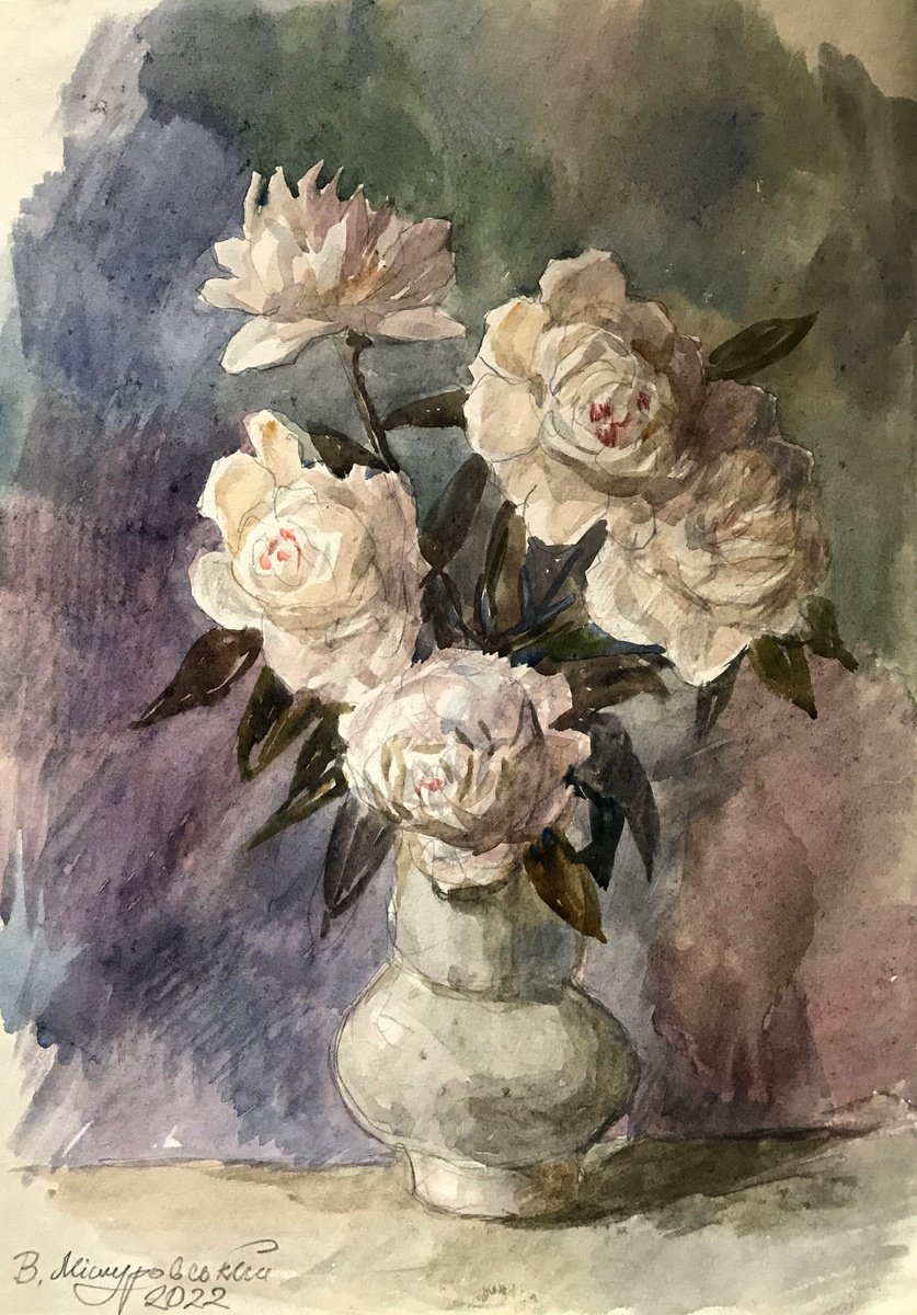 Impressionistic Still Life Watercolour By Viktor Mishurovskiy, 12 X 16", White Roses, Original Artwork