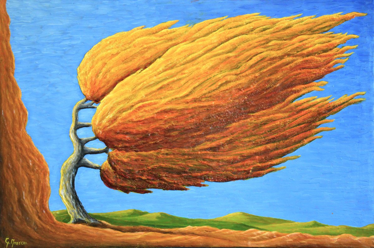 Surrealistic Landscape Oil Painting By Giuliano Monechi, 19 X 13, Paesaggio Con Albero, Original Artwork