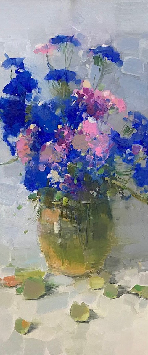 Vase of Blue Flowers, Oil painting, One of a kind, Handmade artwork by Vahe Yeremyan