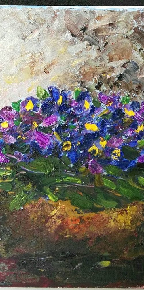 Pot with violets. by Leo Baxiner