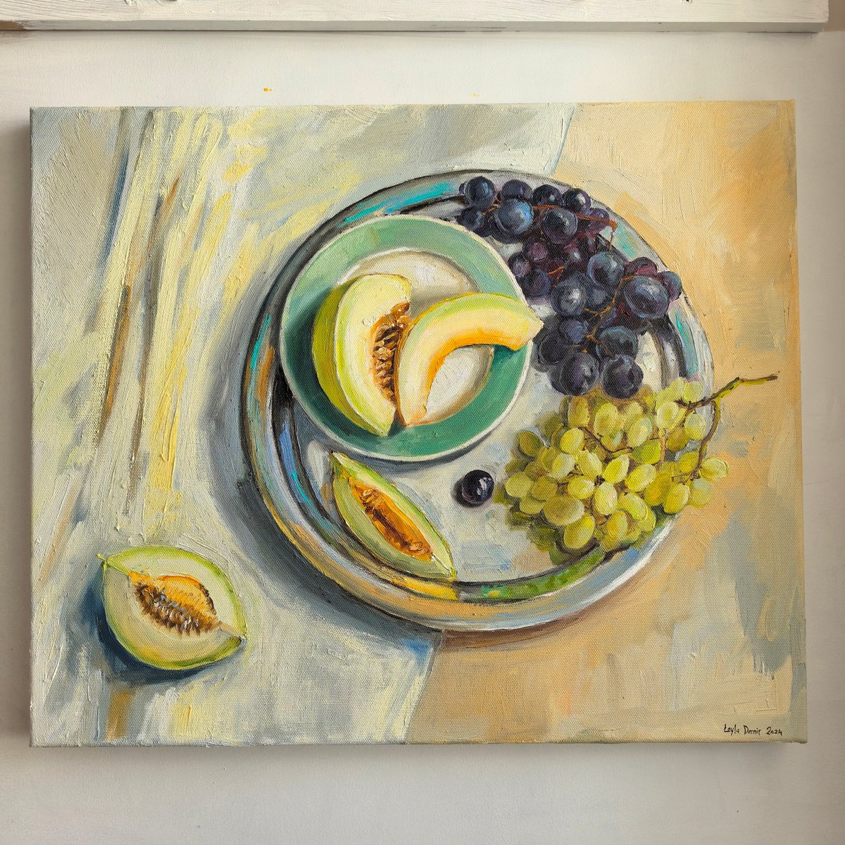 Impressionistic Still Life Oil Painting By Leyla Demir, 24 X 20", Melon Slices With Grapes, Original Artwork