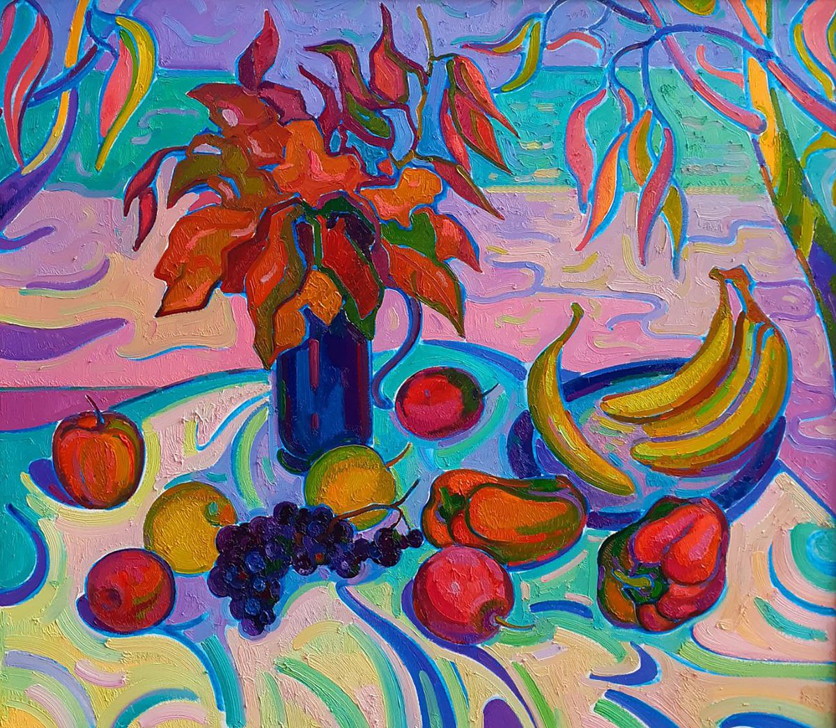 Impressionistic Landscape Oil Painting By Peter Tovpev, 35 X 31", Dry Leaves And Fruits, Original Artwork